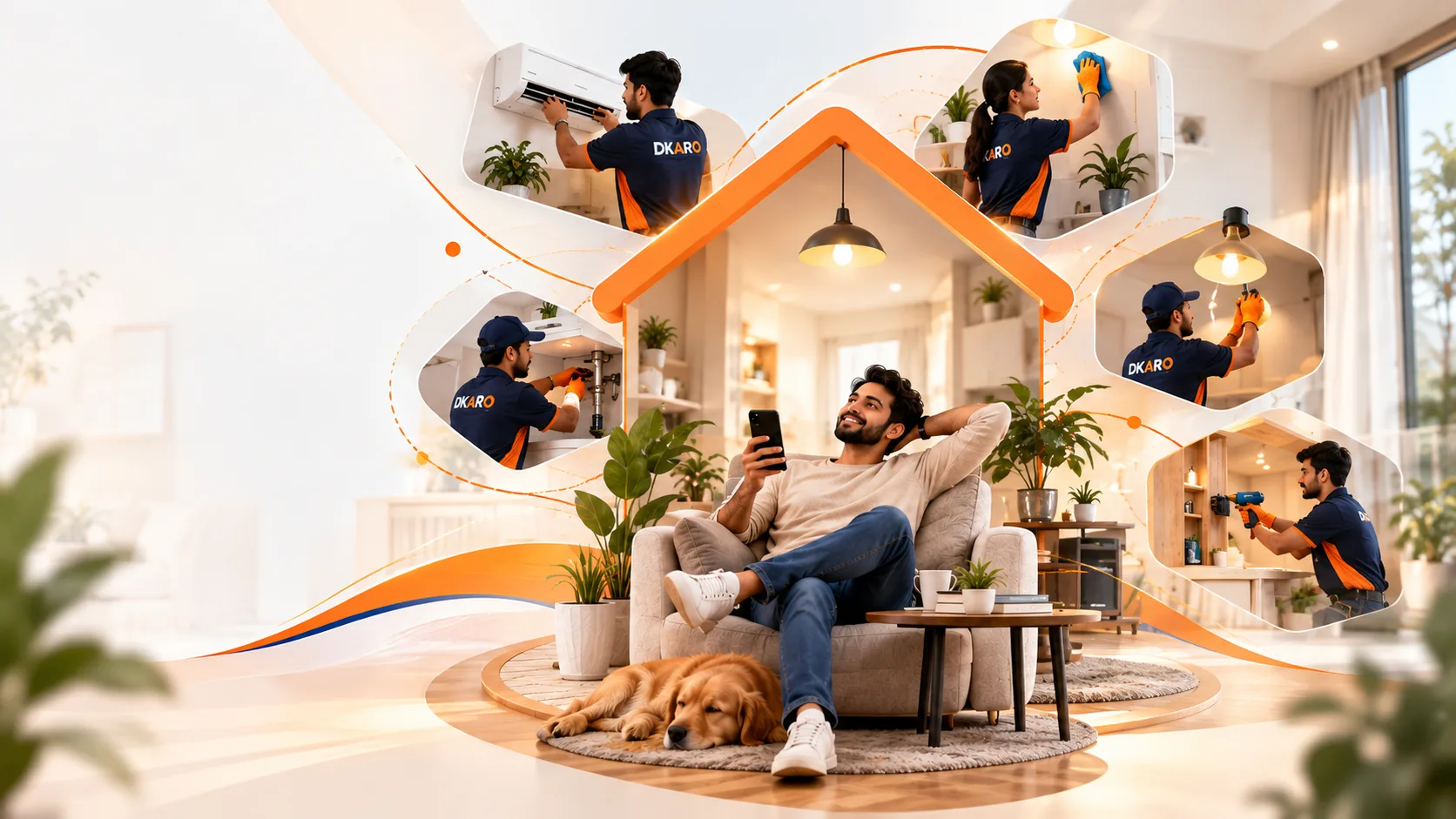 A DKARO customer relaxing at home while DKARO professionals handle AC repair, cleaning, plumbing, electrical and carpentry