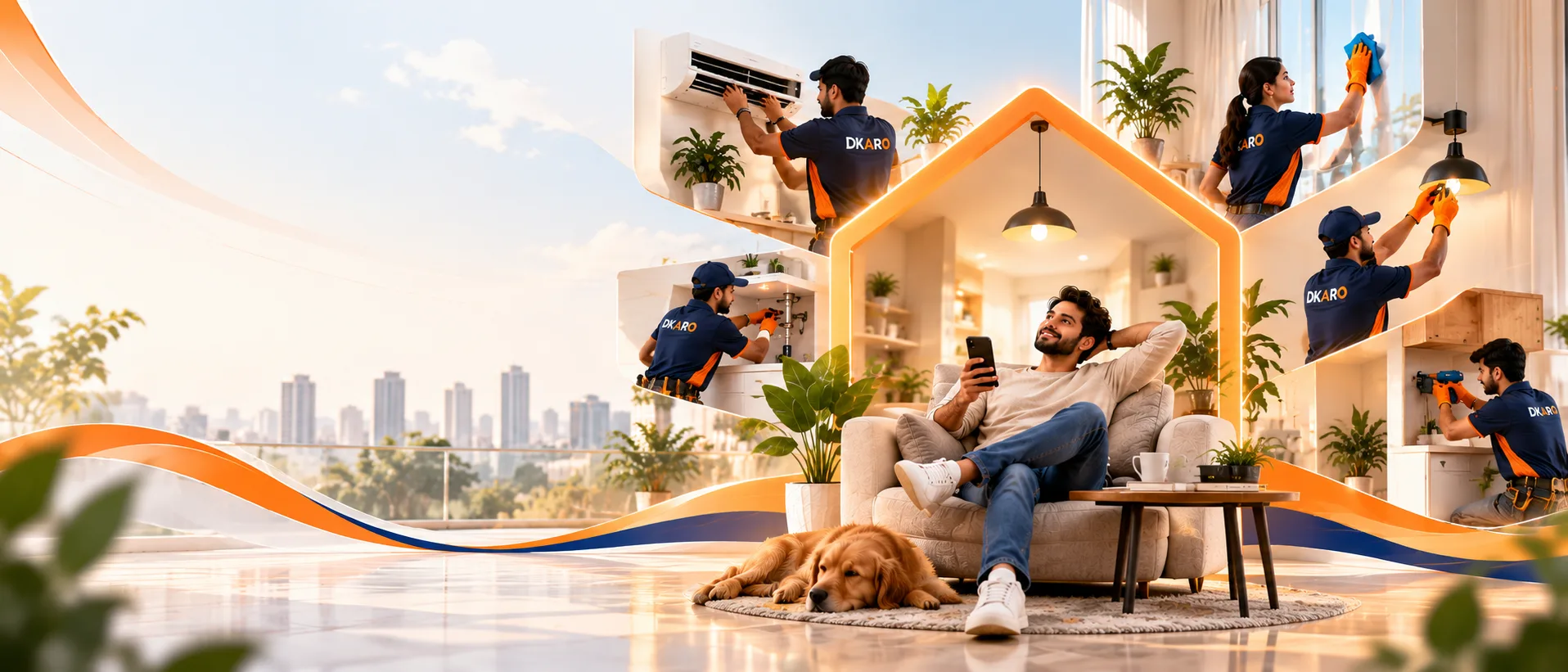 A DKARO customer relaxing at home while DKARO professionals handle AC repair, cleaning, plumbing, electrical and carpentry